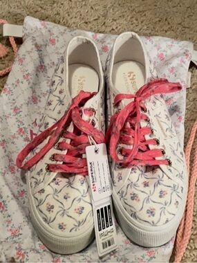 LoveShackFancy Floral White Sneakers with Pink Laces